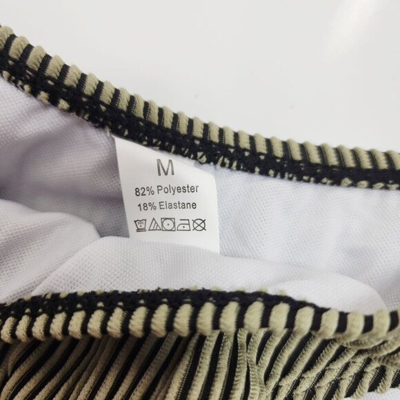 Striped Olive Green Womens Swimsuit Bikini Set Padded Top High-Cut Bottoms SZ M - Picture 3 of 5